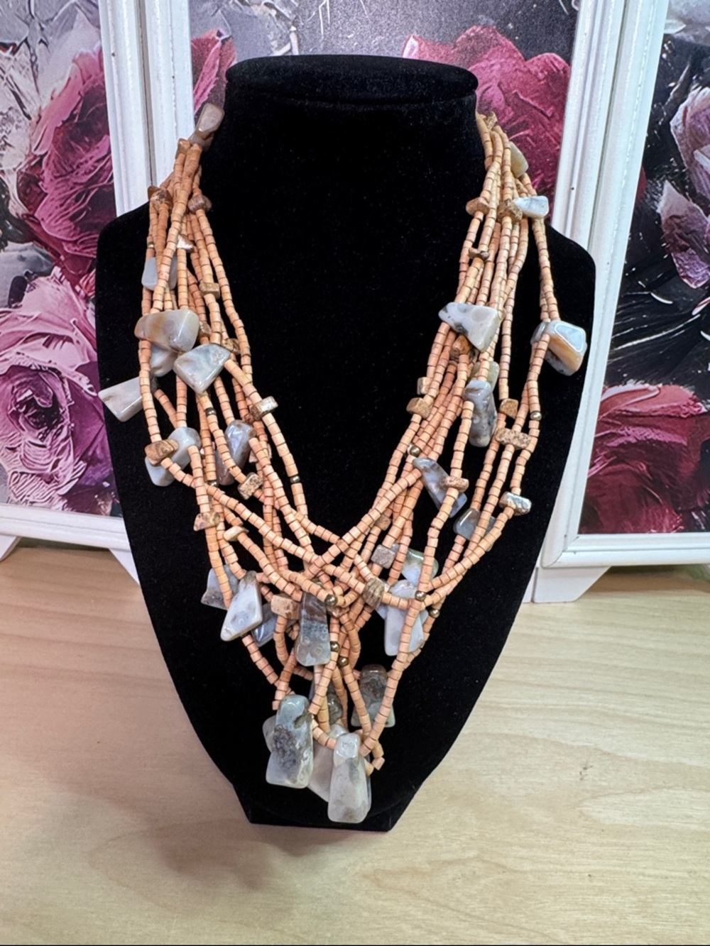 Multi-strand statement necklace w/wooden beads & irregular polished agate drops